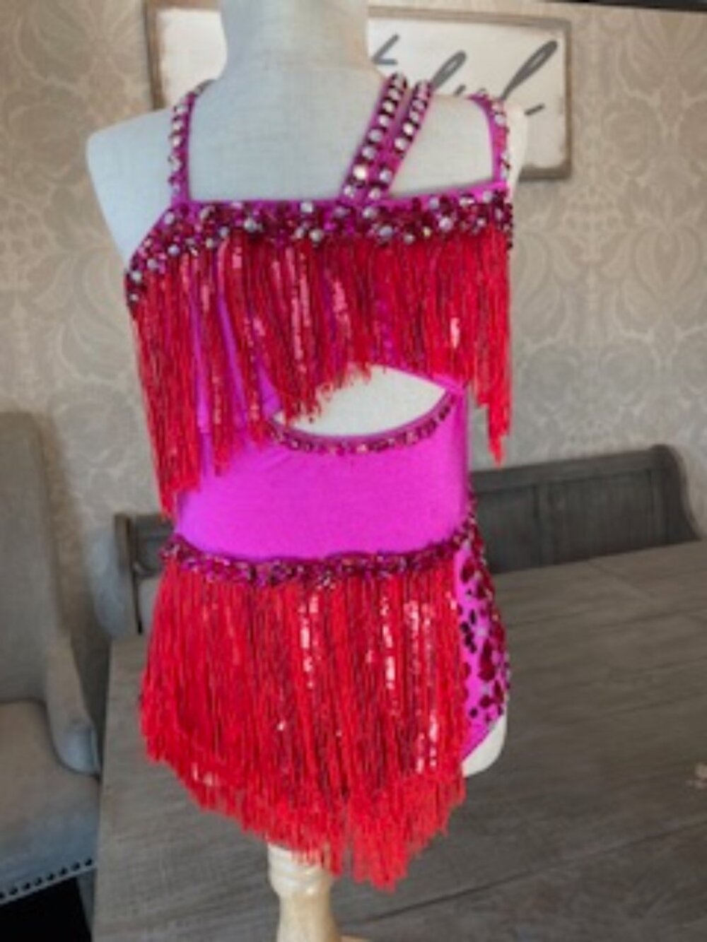 ❤️ Kelle Dance Costume – Pink & Red Fringe – Child Small ❤️